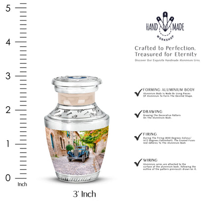 Warm Gold Car Cremation Urn top-down view of secure threaded lid - stylized abstract car pattern with bold lines - mini keepsake memorial for portion of cremation ashes
