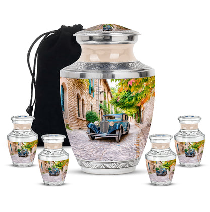 Royal Gold Car Cremation Urn lifestyle display on memorial shelf - artistic car interpretation with creative detail - memorial set with one large and four small urns