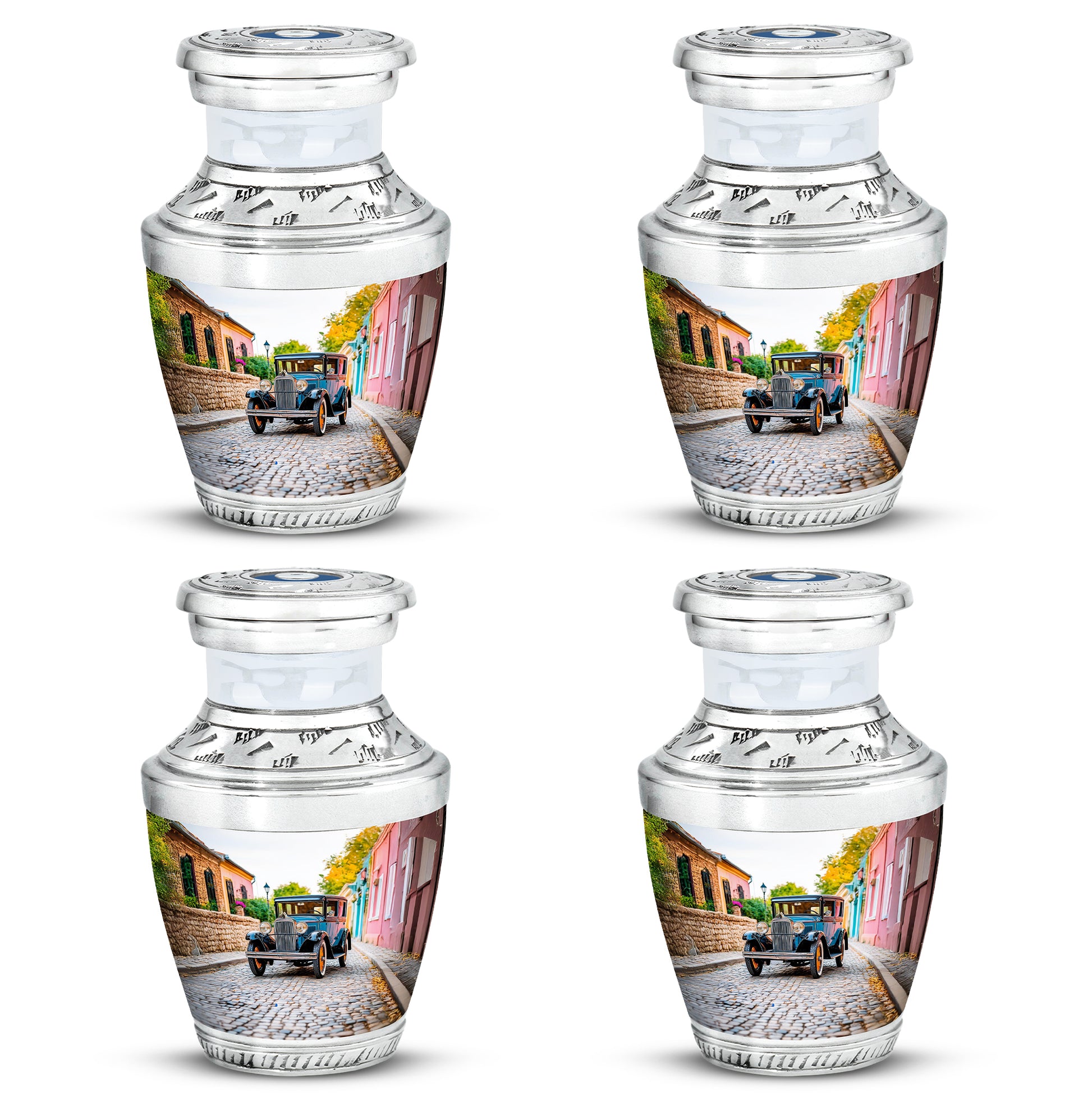 Pearl White Car Cremation Urn back view with polished surface - stylized abstract car pattern with bold lines - 10 inch aluminum urn for cremated remains