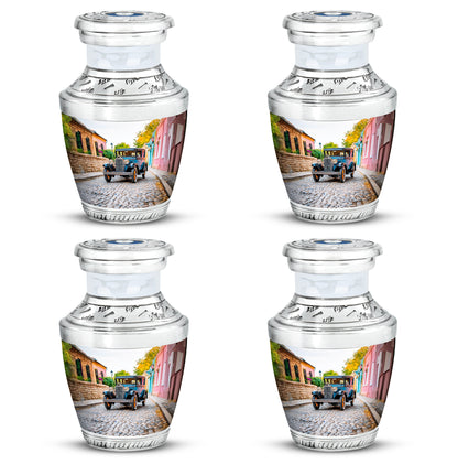 Pearl White Car Cremation Urn back view with polished surface - stylized abstract car pattern with bold lines - 10 inch aluminum urn for cremated remains