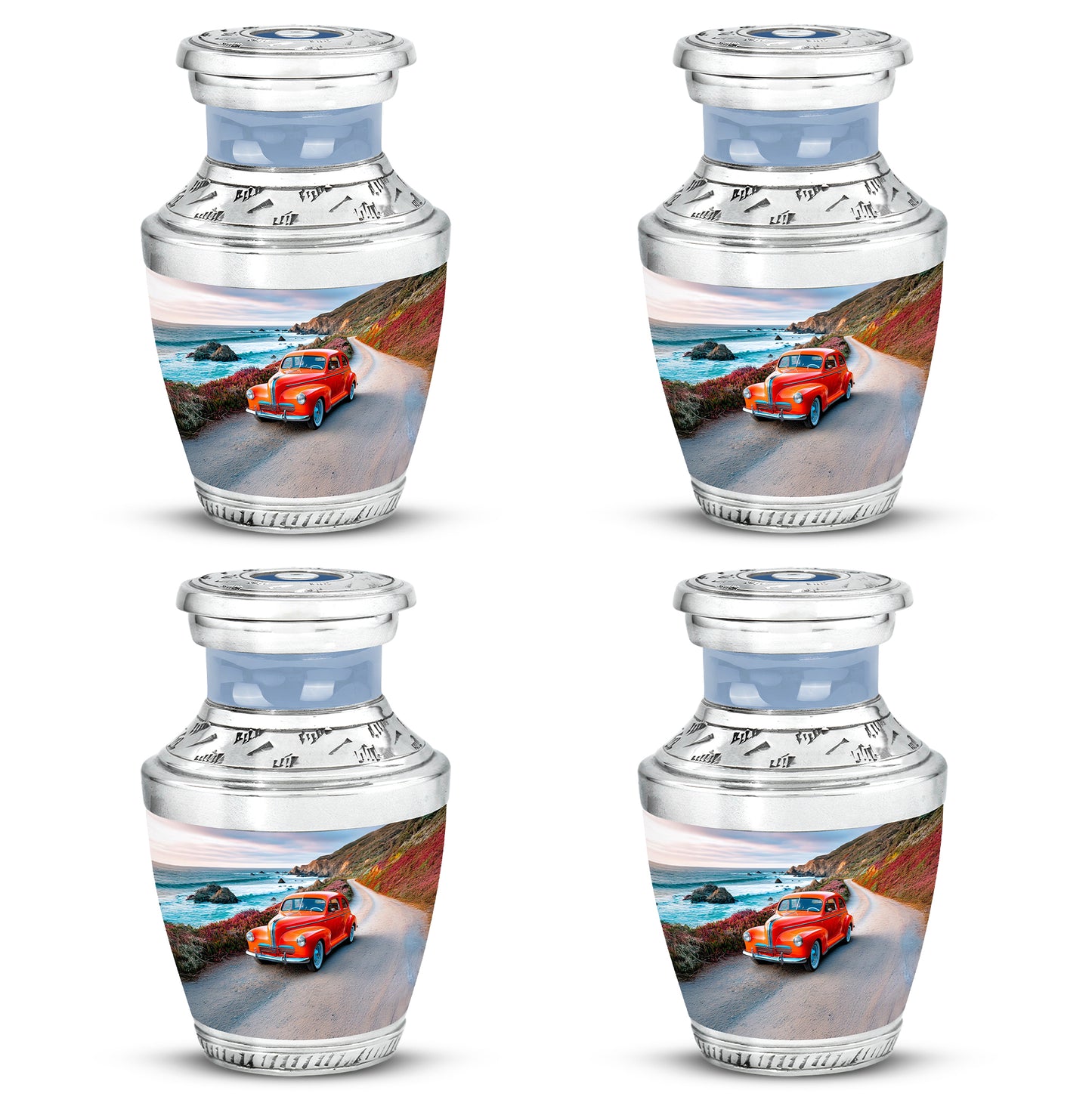 Soft Blue Car Cremation Urn back view with polished surface - stylized abstract car pattern with bold lines - 10 inch aluminum urn for cremated remains