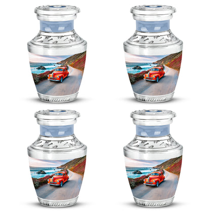 Soft Blue Car Cremation Urn back view with polished surface - stylized abstract car pattern with bold lines - 10 inch aluminum urn for cremated remains