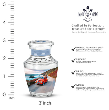 Azure Car Cremation Urn top-down view of secure threaded lid - contemporary car design with modern artistic flair - mini keepsake memorial for portion of cremation ashes