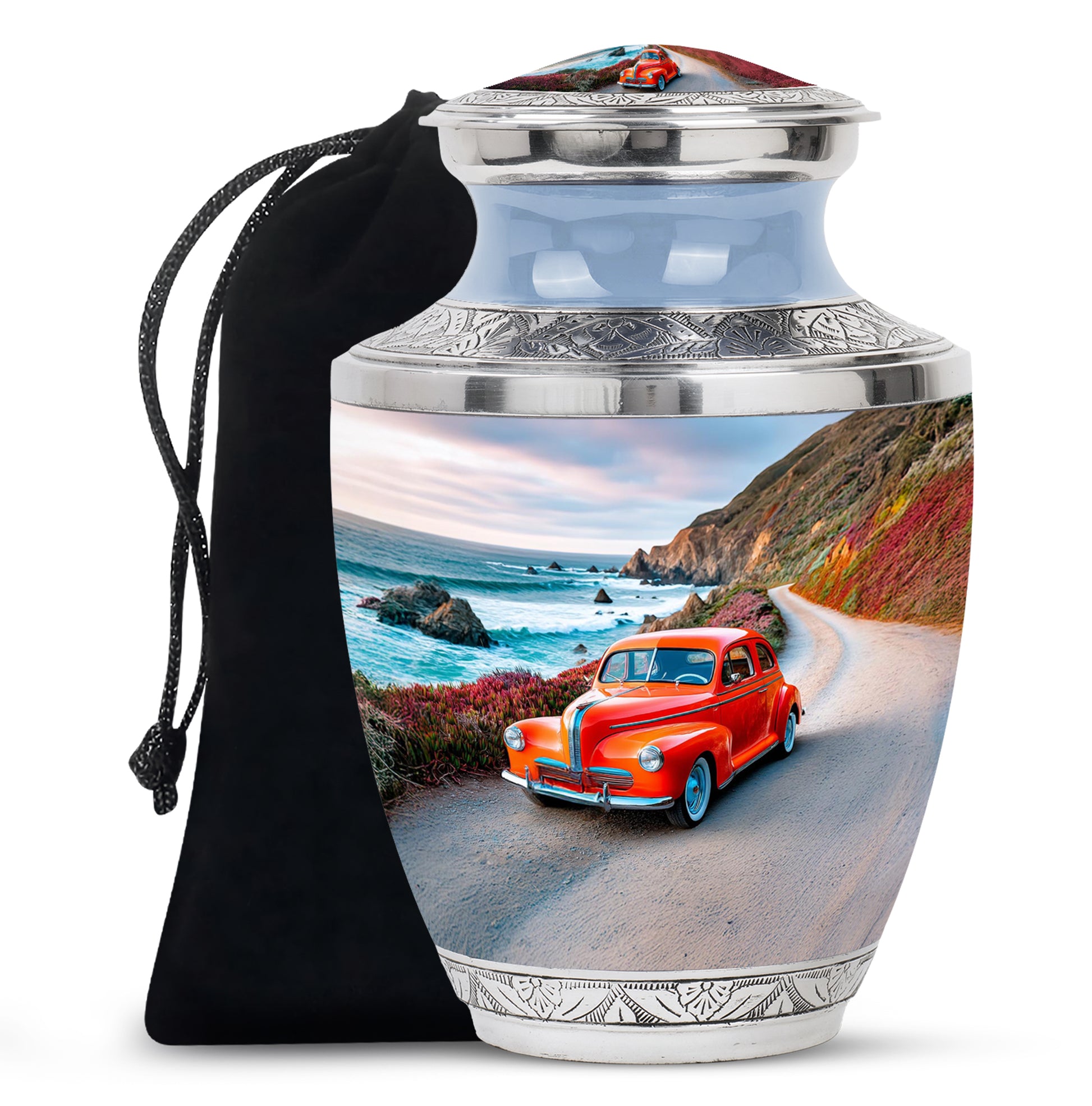 Powder Blue Car Cremation Urn side profile showing urn shape - contemporary car design with modern artistic flair - full-size 10 inch 200 cubic inch adult cremation urn