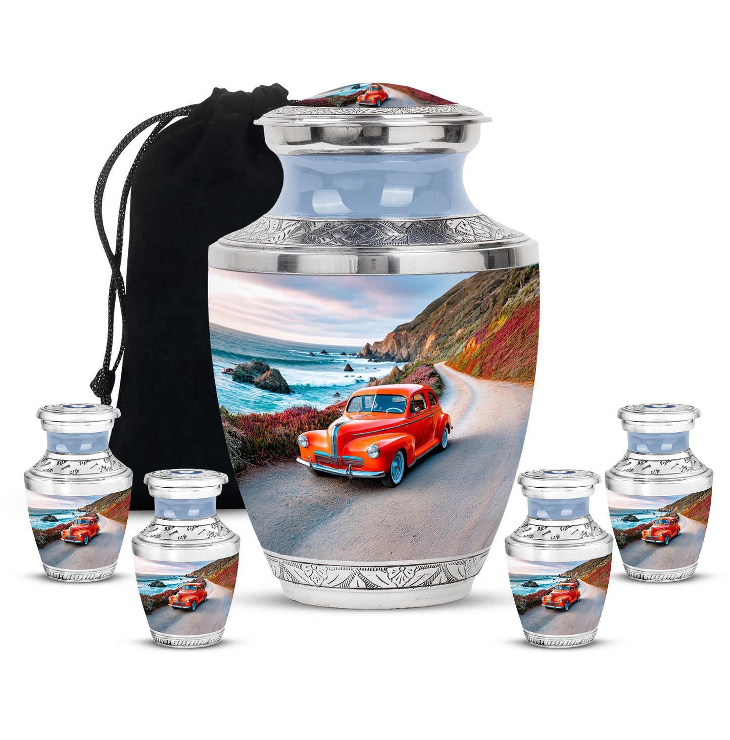 Twilight Blue Car Cremation Urn lifestyle display on memorial shelf - stylized abstract car pattern with bold lines - memorial set with one large and four small urns