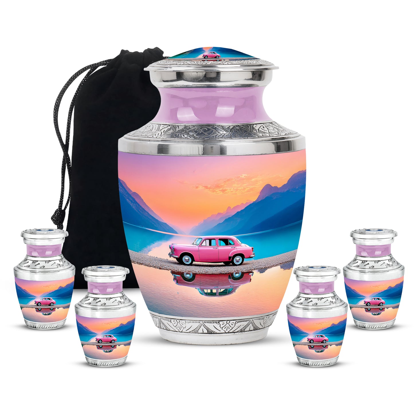 Crimson Red Car Cremation Urn lifestyle display on memorial shelf - contemporary car design with modern artistic flair - memorial set with one large and four small urns