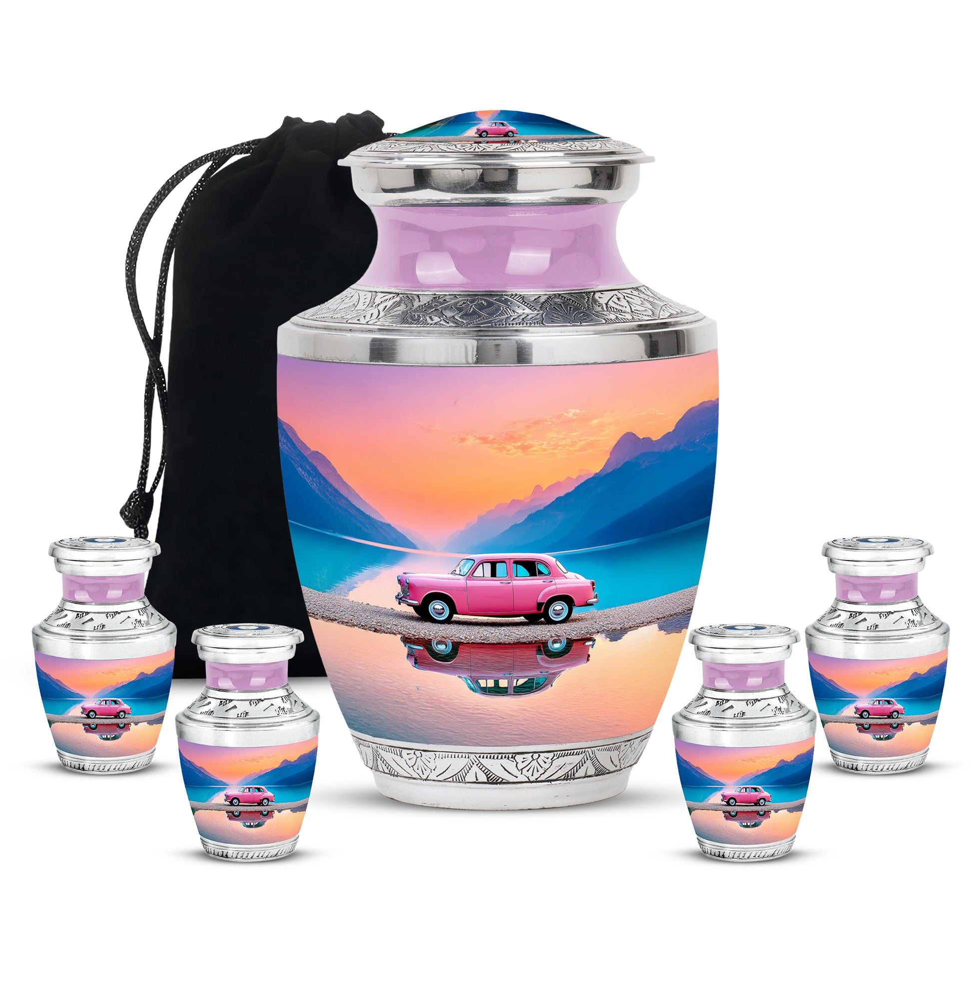 Crimson Red Car Cremation Urn lifestyle display on memorial shelf - contemporary car design with modern artistic flair - memorial set with one large and four small urns