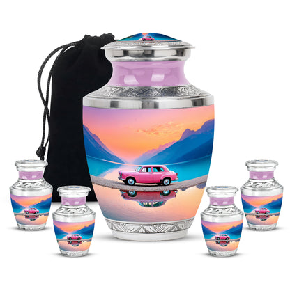 Crimson Red Car Cremation Urn lifestyle display on memorial shelf - contemporary car design with modern artistic flair - memorial set with one large and four small urns