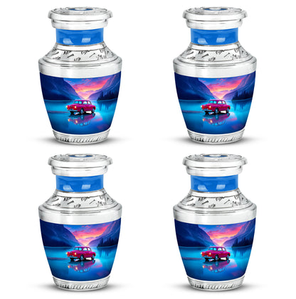 Serene Blue Car Cremation Urn back view with polished surface - artistic car interpretation with creative detail - 10 inch aluminum urn for cremated remains