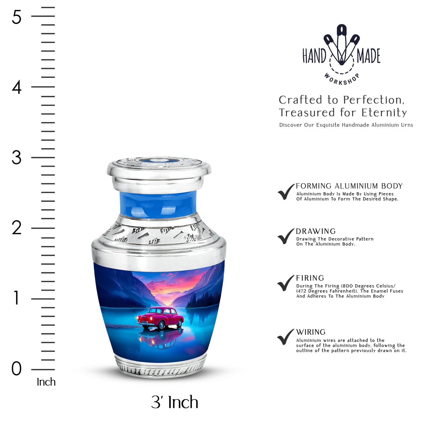 Cornflower Blue Car Cremation Urn top-down view of secure threaded lid - artistic car interpretation with creative detail - mini keepsake memorial for portion of cremation ashes