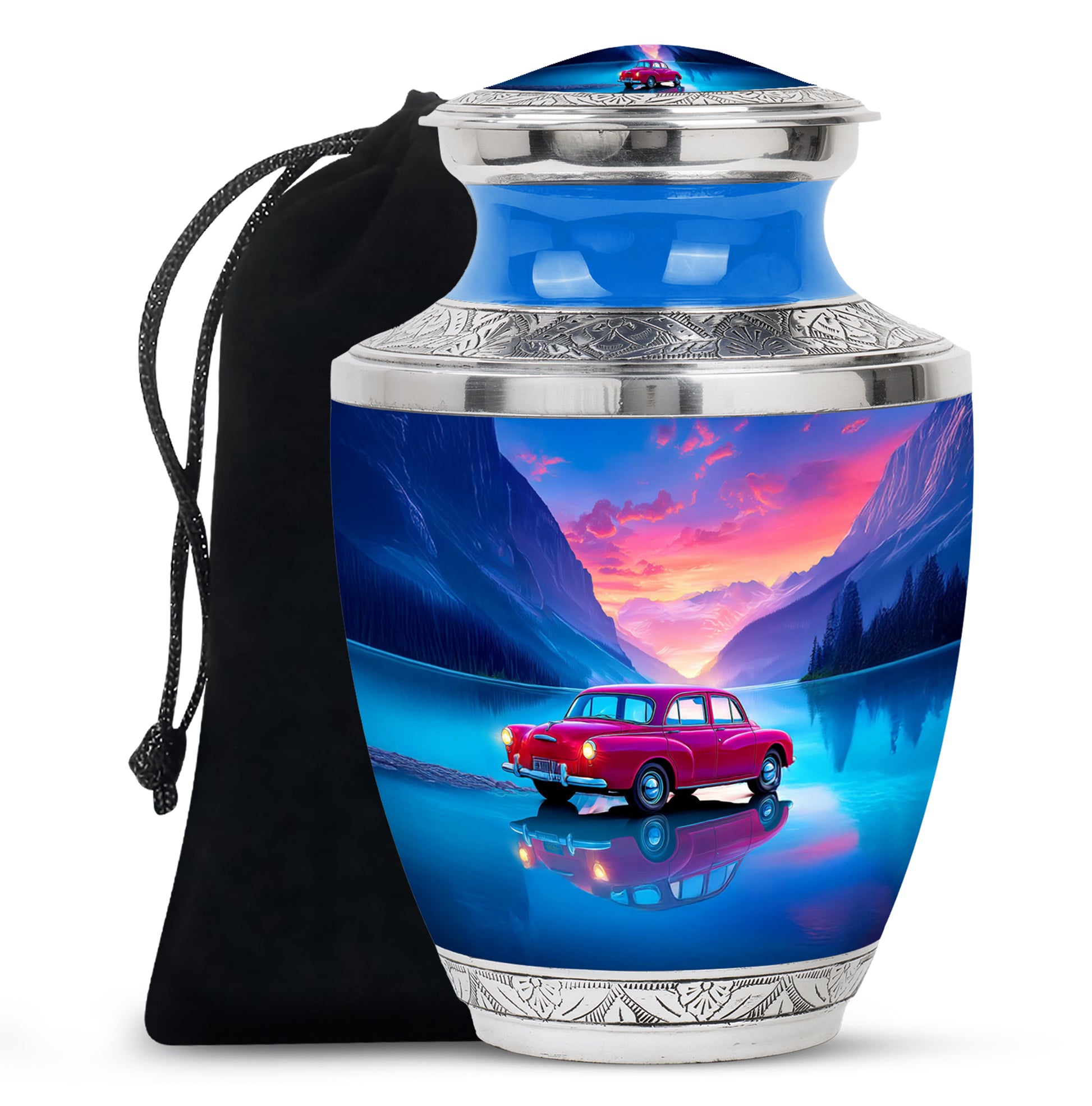 Soft Blue Car Cremation Urn side profile showing urn shape - stylized abstract car pattern with bold lines - full-size 10 inch 200 cubic inch adult cremation urn