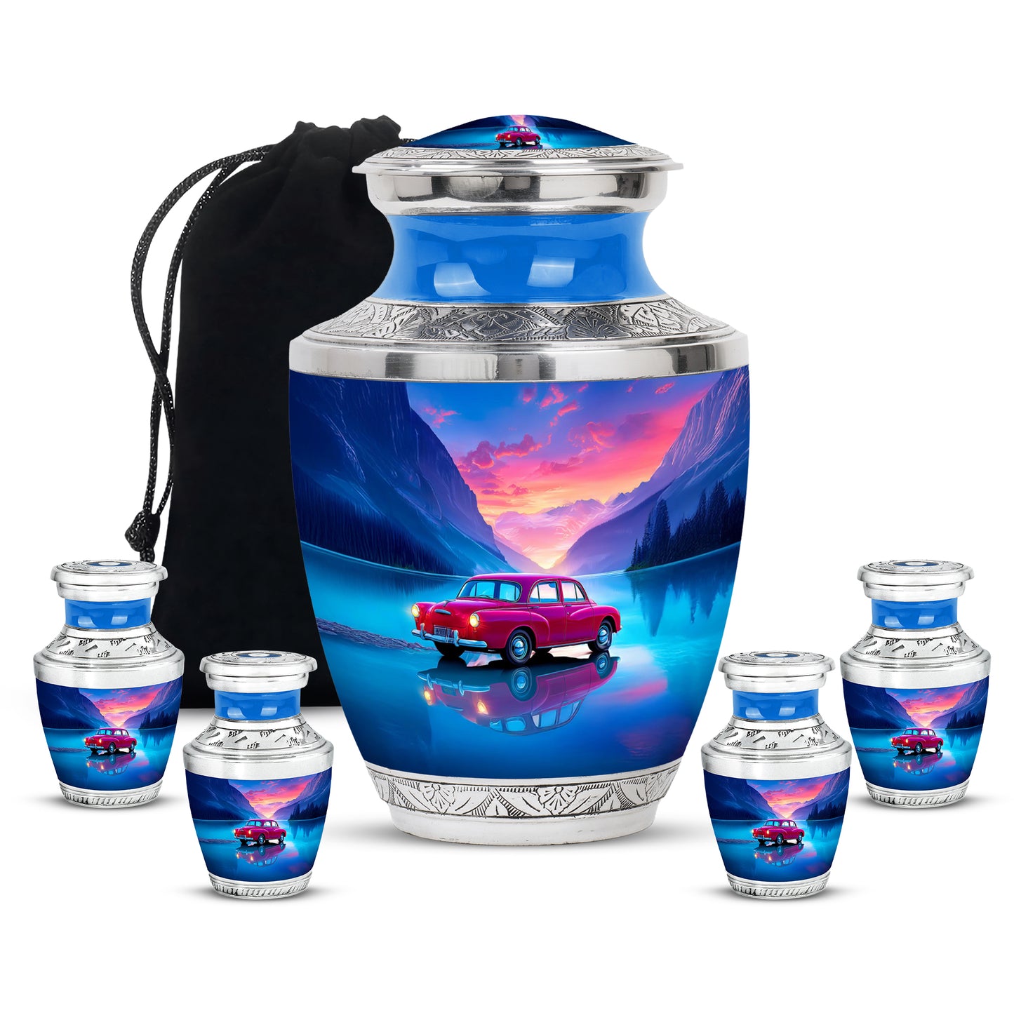 Cornflower Blue Car Cremation Urn lifestyle display on memorial shelf - stylized abstract car pattern with bold lines - memorial set with one large and four small urns