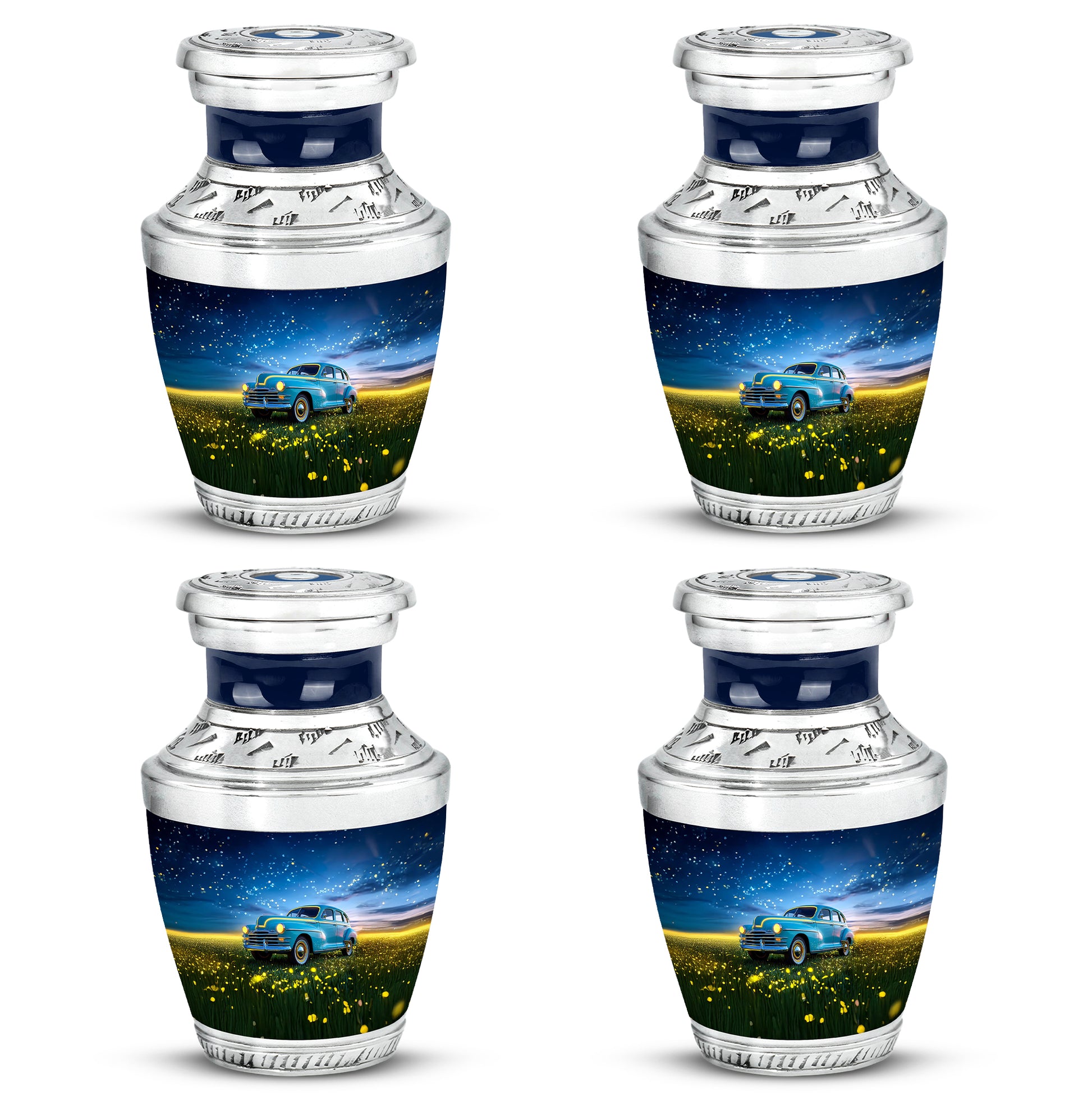 Dusty Blue Car Cremation Urn back view with polished surface - modern art-inspired car motif on sleek aluminum - 10 inch aluminum urn for cremated remains