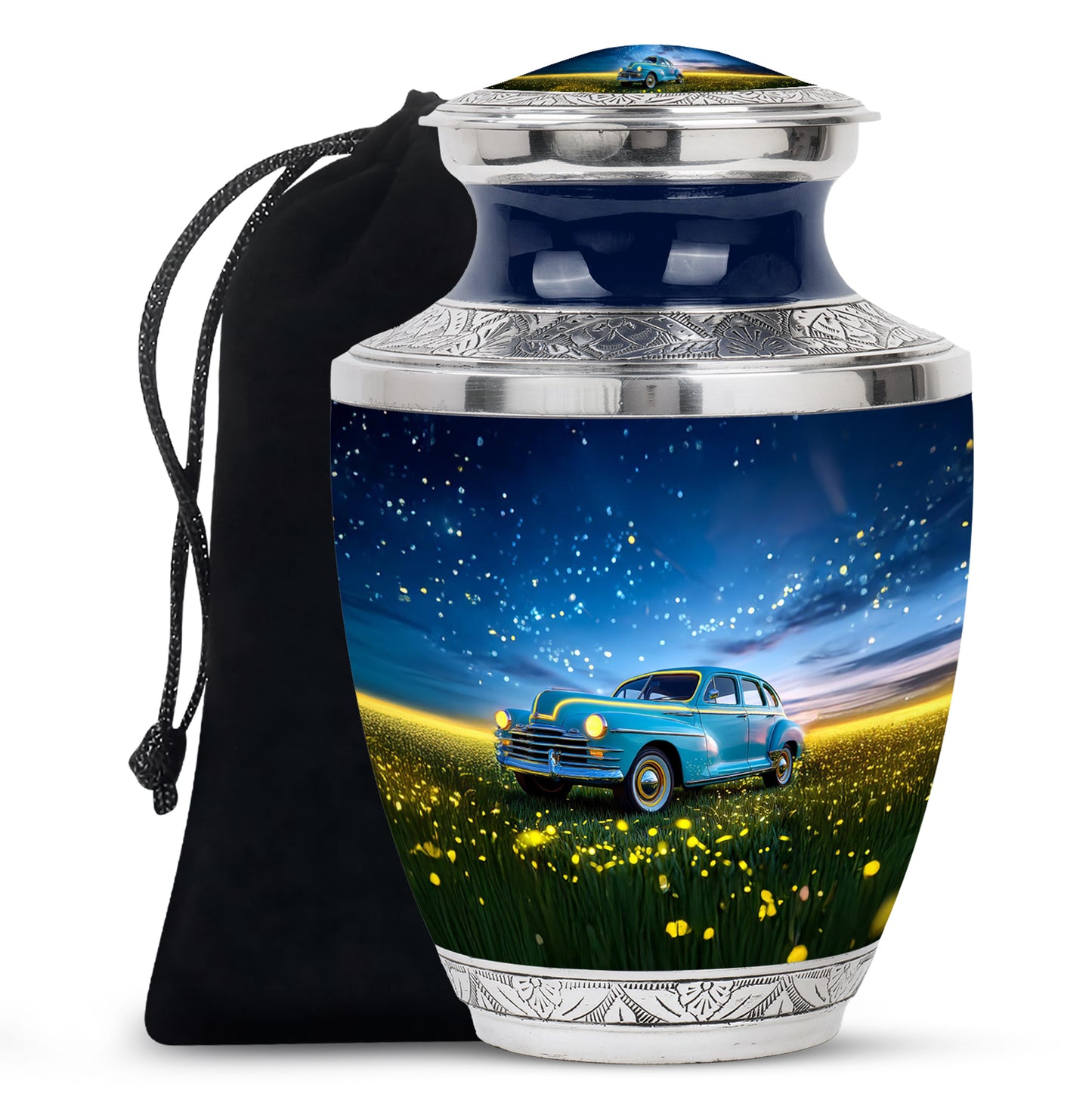 Celestial Blue Car Cremation Urn side profile showing urn shape - modern art-inspired car motif on sleek aluminum - full-size 10 inch 200 cubic inch adult cremation urn