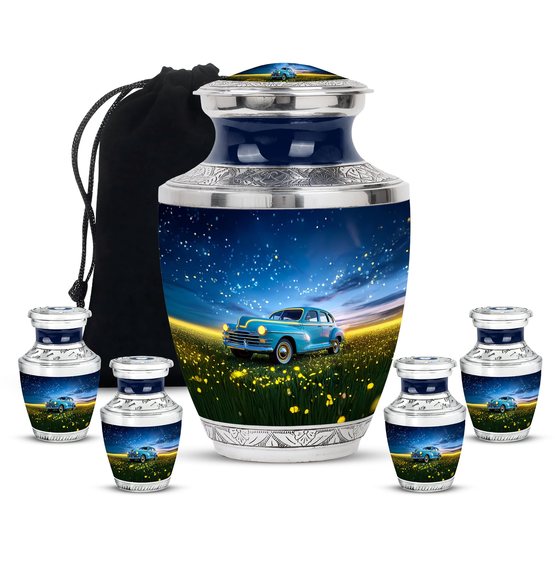 Bright Blue Car Cremation Urn lifestyle display on memorial shelf - stylized abstract car pattern with bold lines - memorial set with one large and four small urns