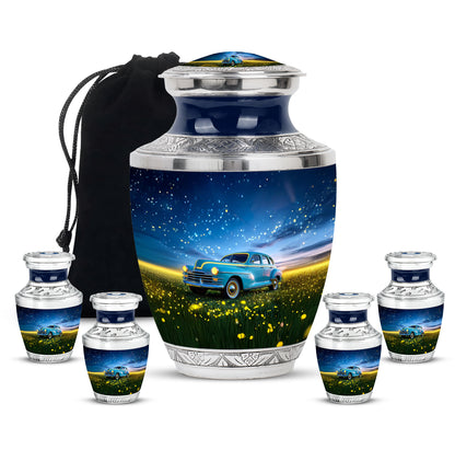 Bright Blue Car Cremation Urn lifestyle display on memorial shelf - stylized abstract car pattern with bold lines - memorial set with one large and four small urns