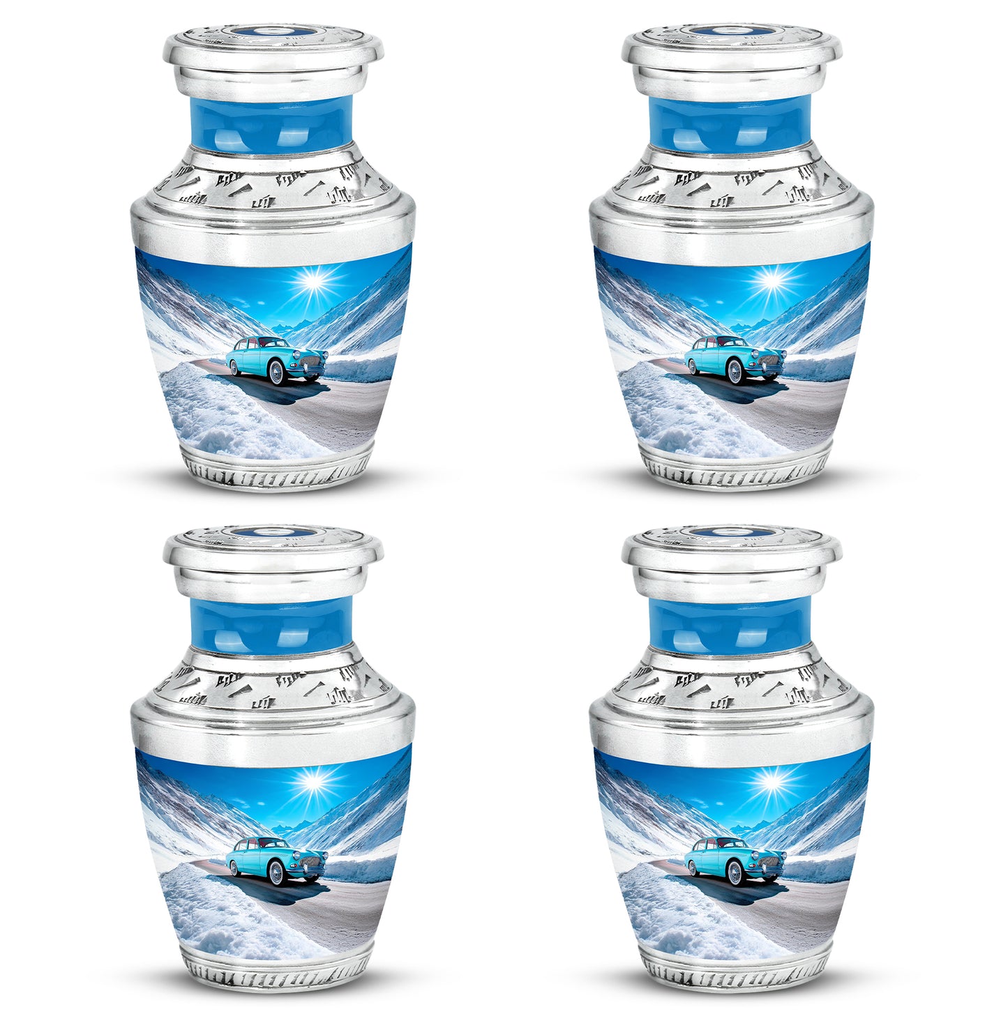 Indigo Car Cremation Urn back view with polished surface - contemporary car design with modern artistic flair - 10 inch aluminum urn for cremated remains