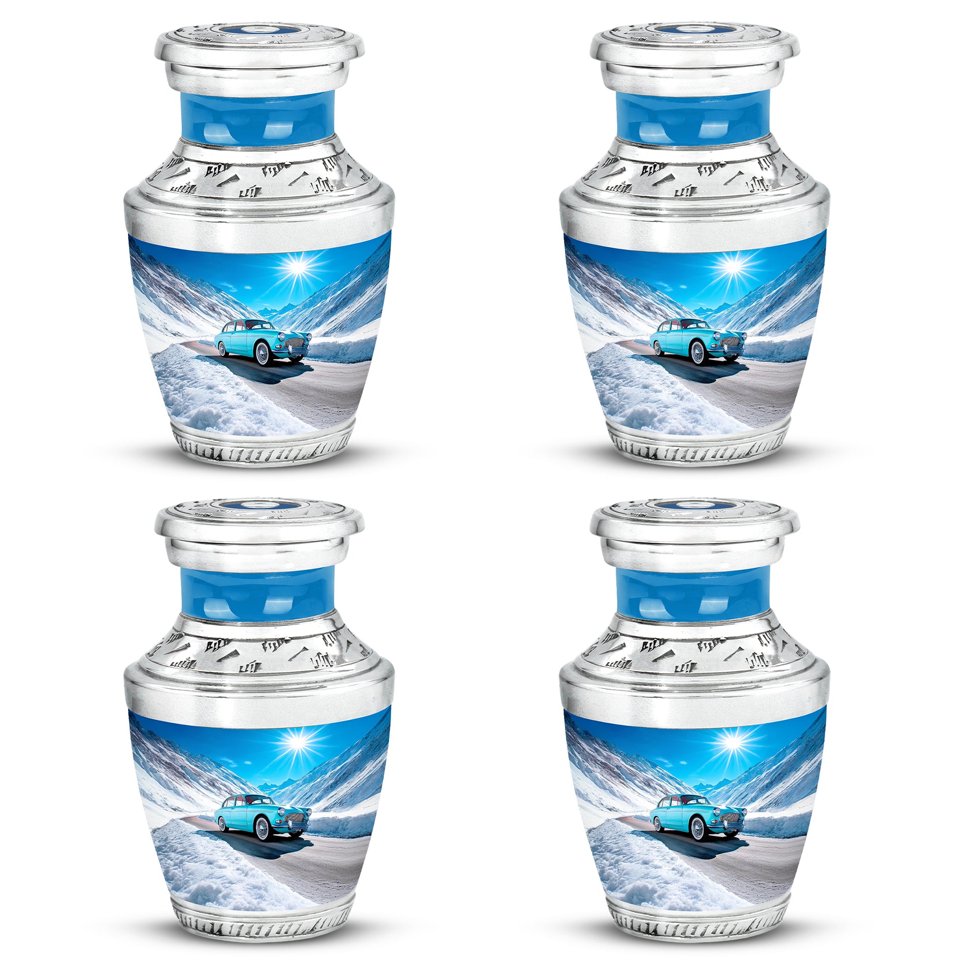 Indigo Car Cremation Urn back view with polished surface - contemporary car design with modern artistic flair - 10 inch aluminum urn for cremated remains