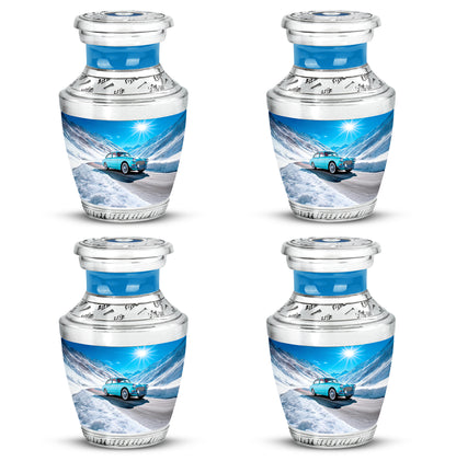 Indigo Car Cremation Urn back view with polished surface - contemporary car design with modern artistic flair - 10 inch aluminum urn for cremated remains
