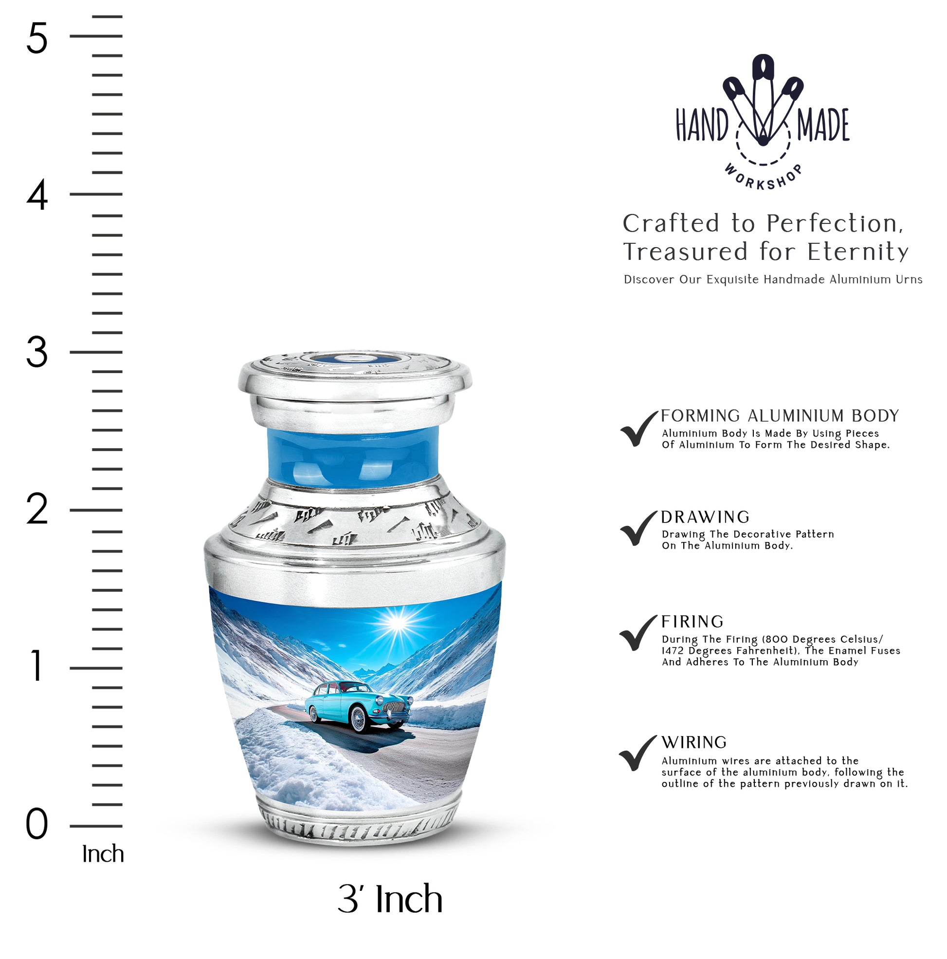 Sapphire Blue Car Cremation Urn top-down view of secure threaded lid - artistic car interpretation with creative detail - mini keepsake memorial for portion of cremation ashes