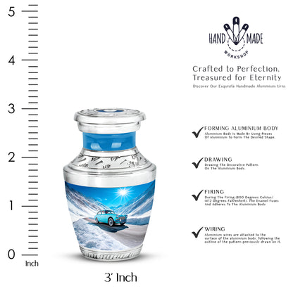 Sapphire Blue Car Cremation Urn top-down view of secure threaded lid - artistic car interpretation with creative detail - mini keepsake memorial for portion of cremation ashes