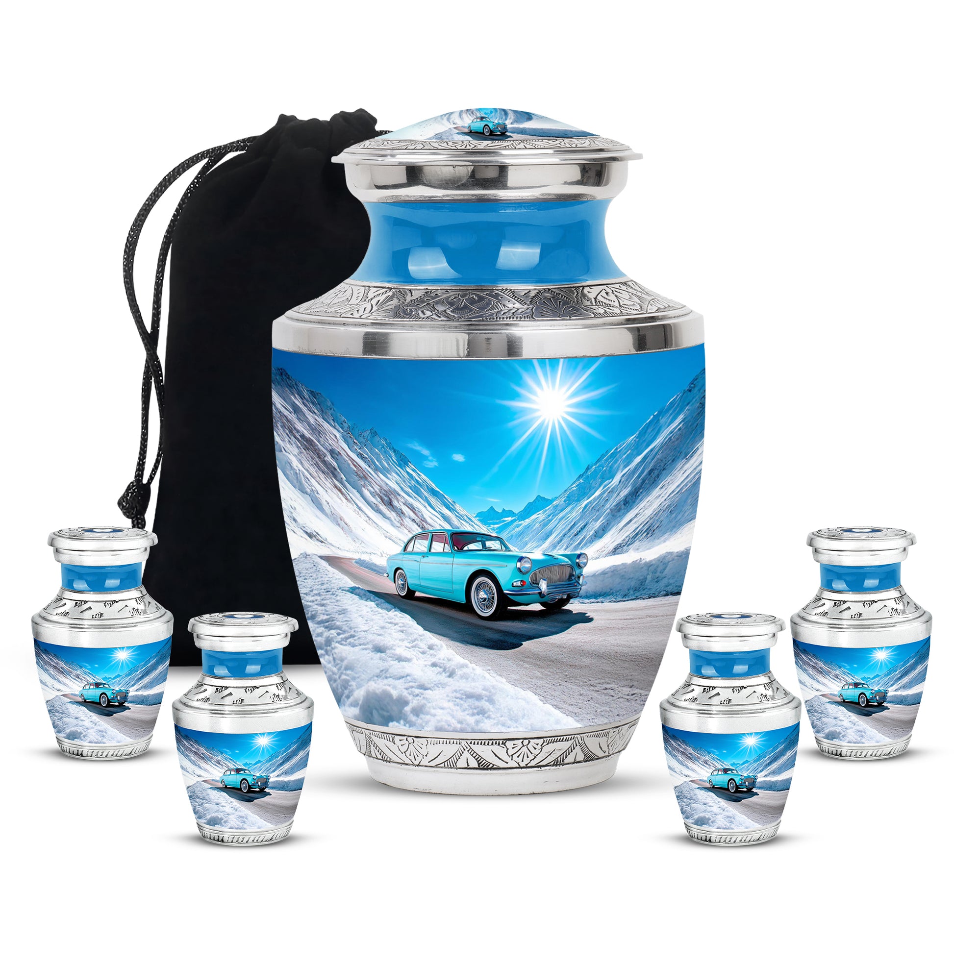 Vivid Blue Car Cremation Urn lifestyle display on memorial shelf - stylized abstract car pattern with bold lines - memorial set with one large and four small urns