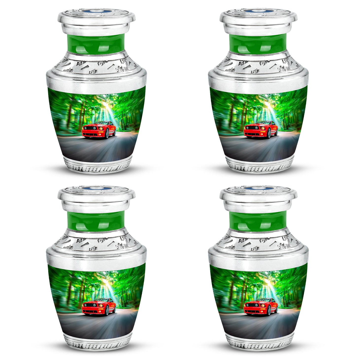Pine Green Car Cremation Urn back view with polished surface - artistic car interpretation with creative detail - 10 inch aluminum urn for cremated remains