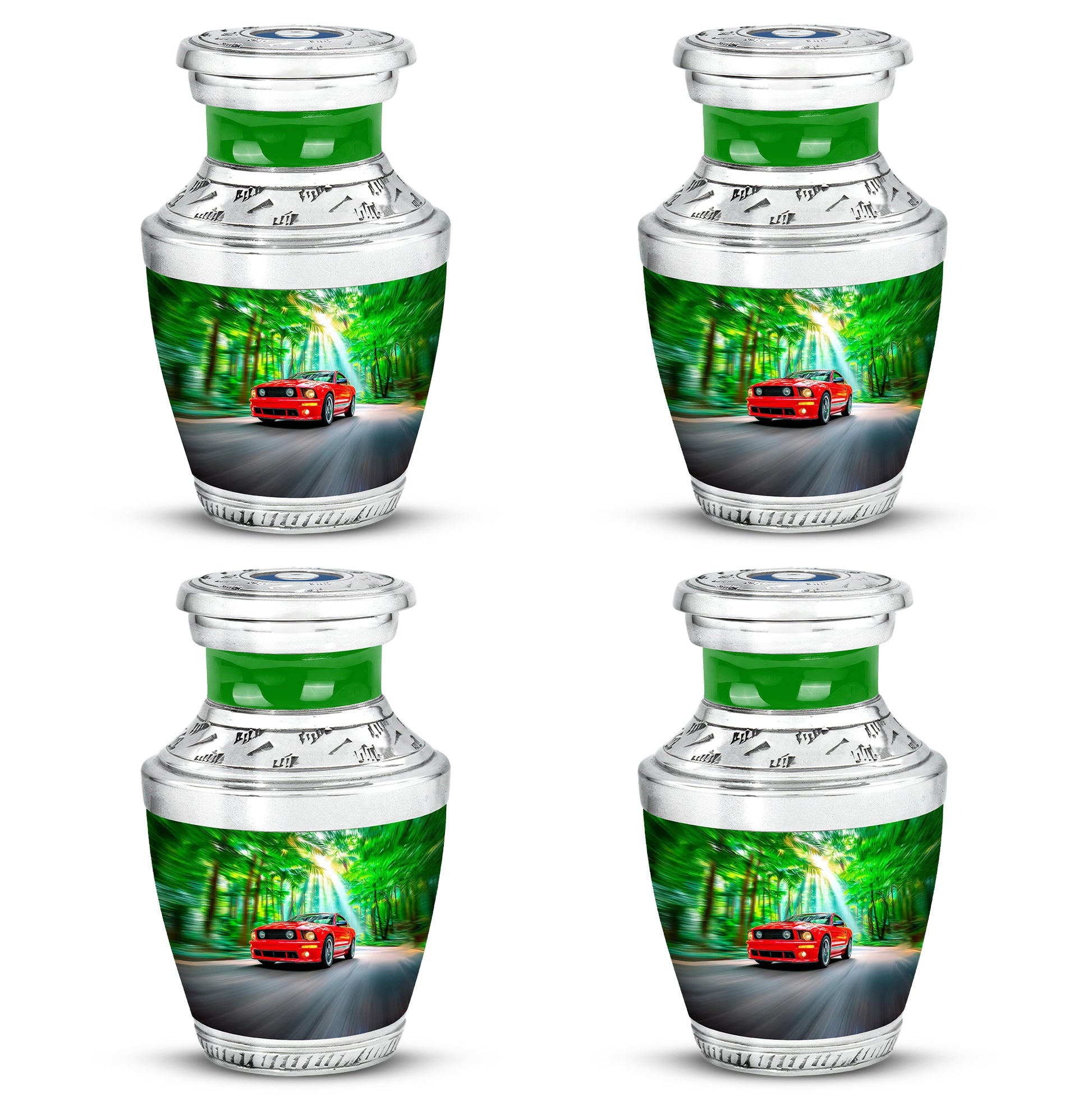 Pine Green Car Cremation Urn back view with polished surface - artistic car interpretation with creative detail - 10 inch aluminum urn for cremated remains
