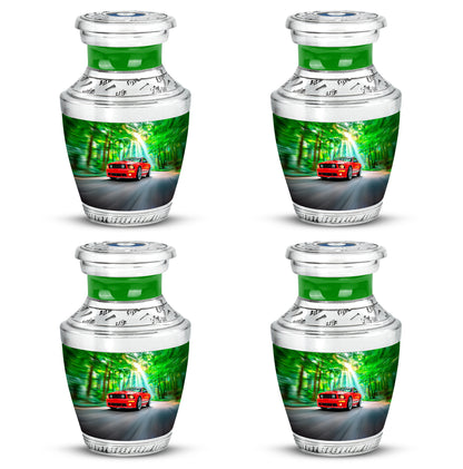Pine Green Car Cremation Urn back view with polished surface - artistic car interpretation with creative detail - 10 inch aluminum urn for cremated remains