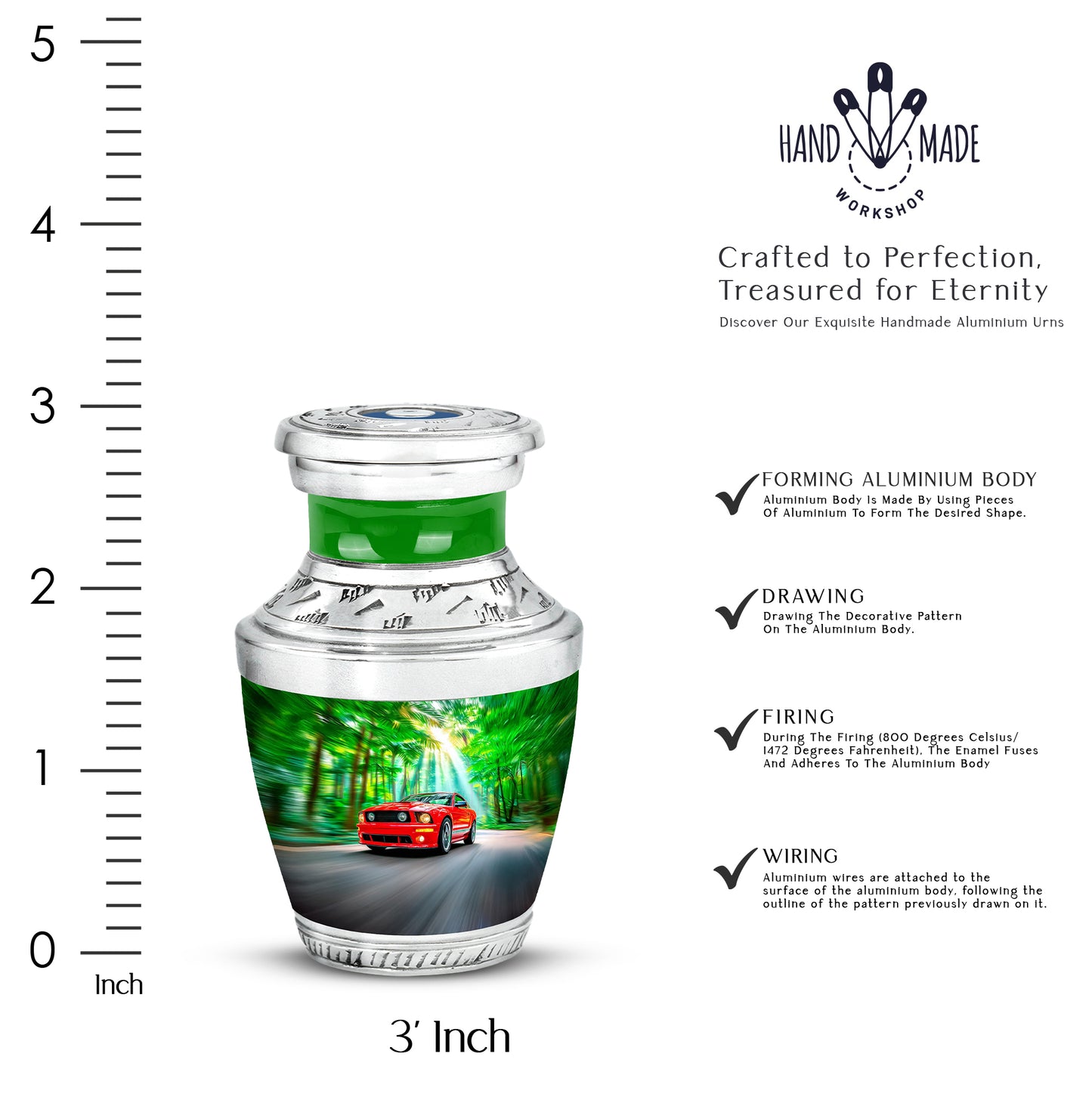 Olive Green Car Cremation Urn top-down view of secure threaded lid - artistic car interpretation with creative detail - mini keepsake memorial for portion of cremation ashes