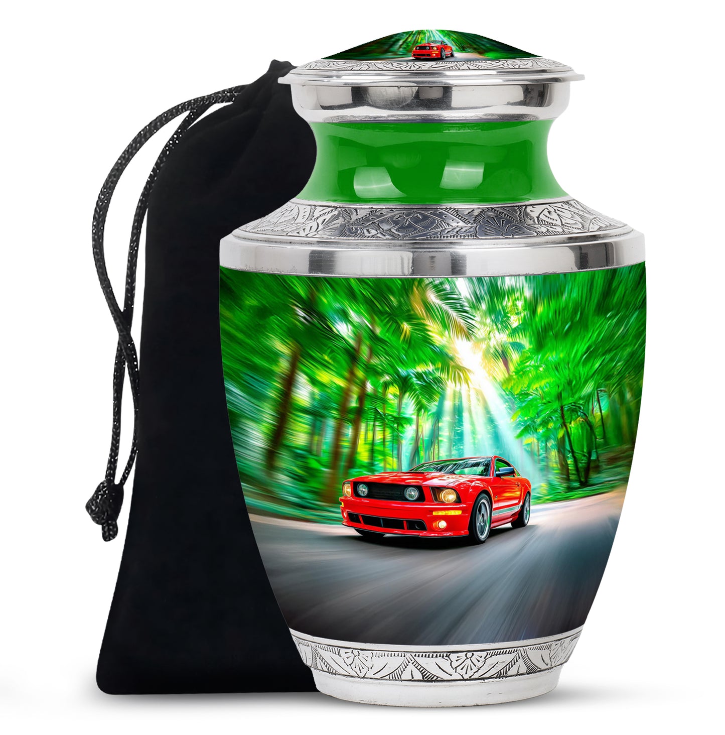 Mint Green Car Cremation Urn side profile showing urn shape - artistic car interpretation with creative detail - full-size 10 inch 200 cubic inch adult cremation urn