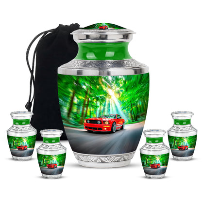 Moss Green Car Cremation Urn lifestyle display on memorial shelf - contemporary car design with modern artistic flair - memorial set with one large and four small urns