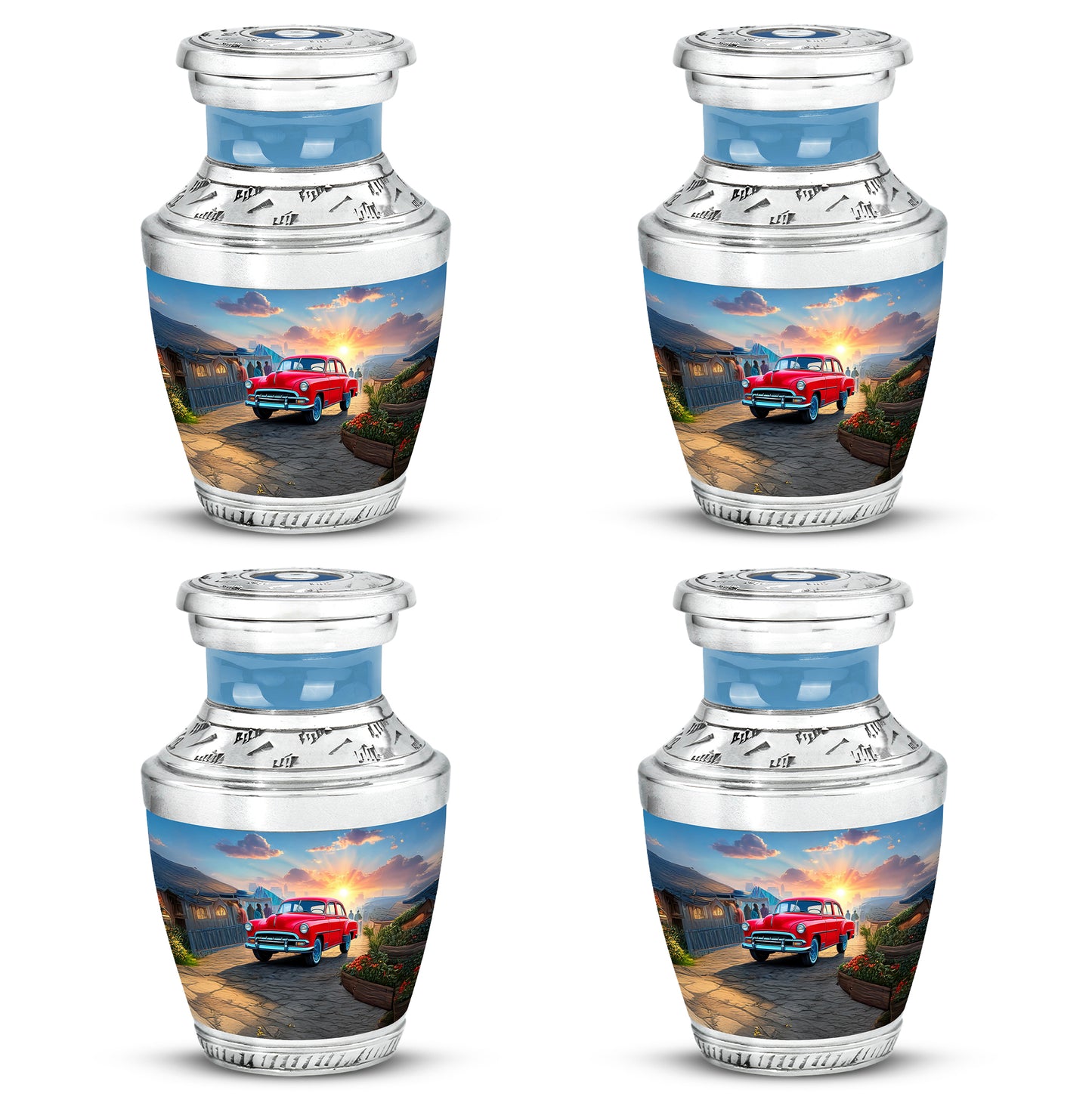 Icy Blue Car Cremation Urn back view with polished surface - modern art-inspired car motif on sleek aluminum - 10 inch aluminum urn for cremated remains