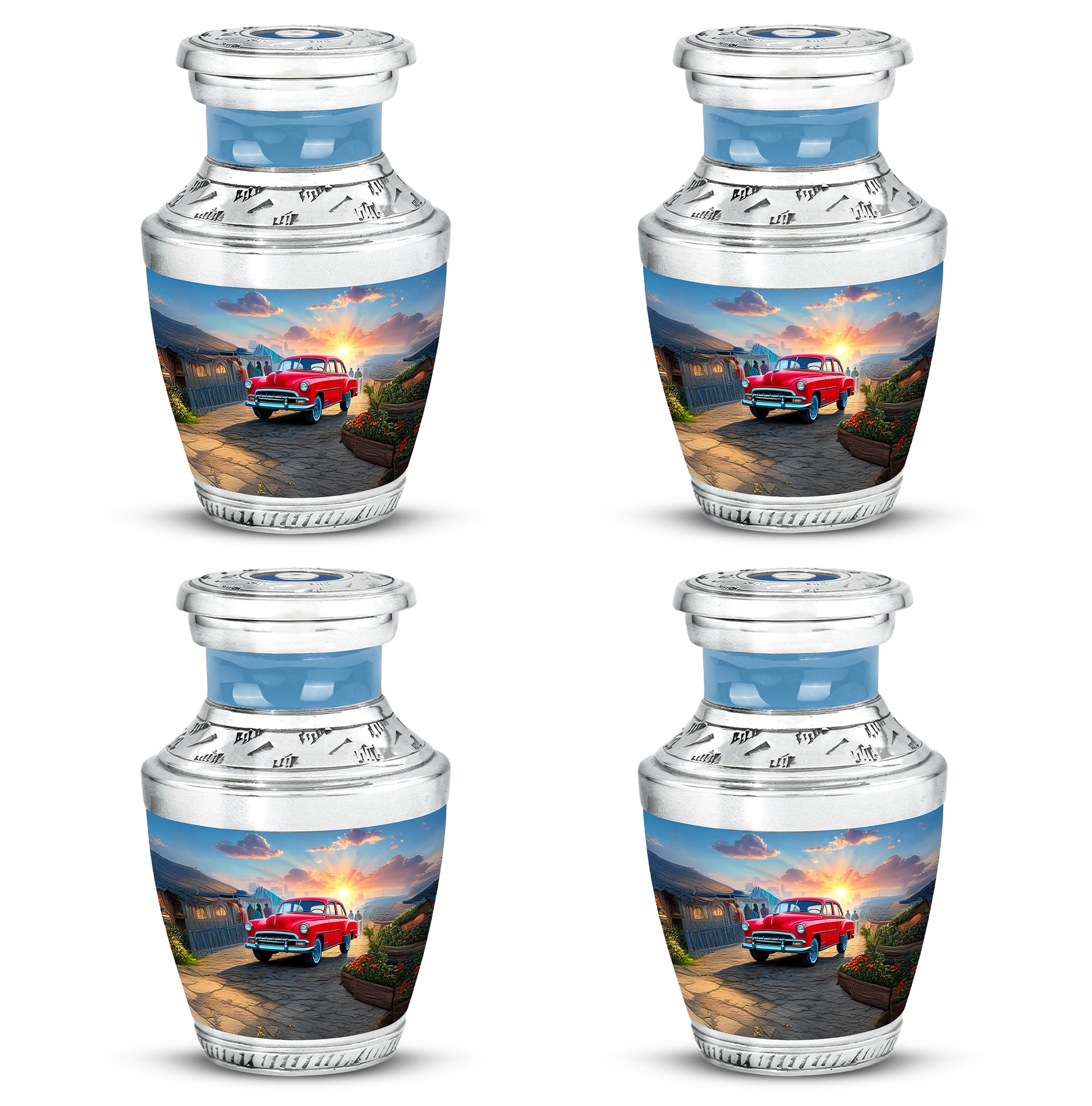 Icy Blue Car Cremation Urn back view with polished surface - modern art-inspired car motif on sleek aluminum - 10 inch aluminum urn for cremated remains