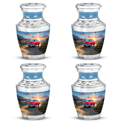Icy Blue Car Cremation Urn back view with polished surface - modern art-inspired car motif on sleek aluminum - 10 inch aluminum urn for cremated remains