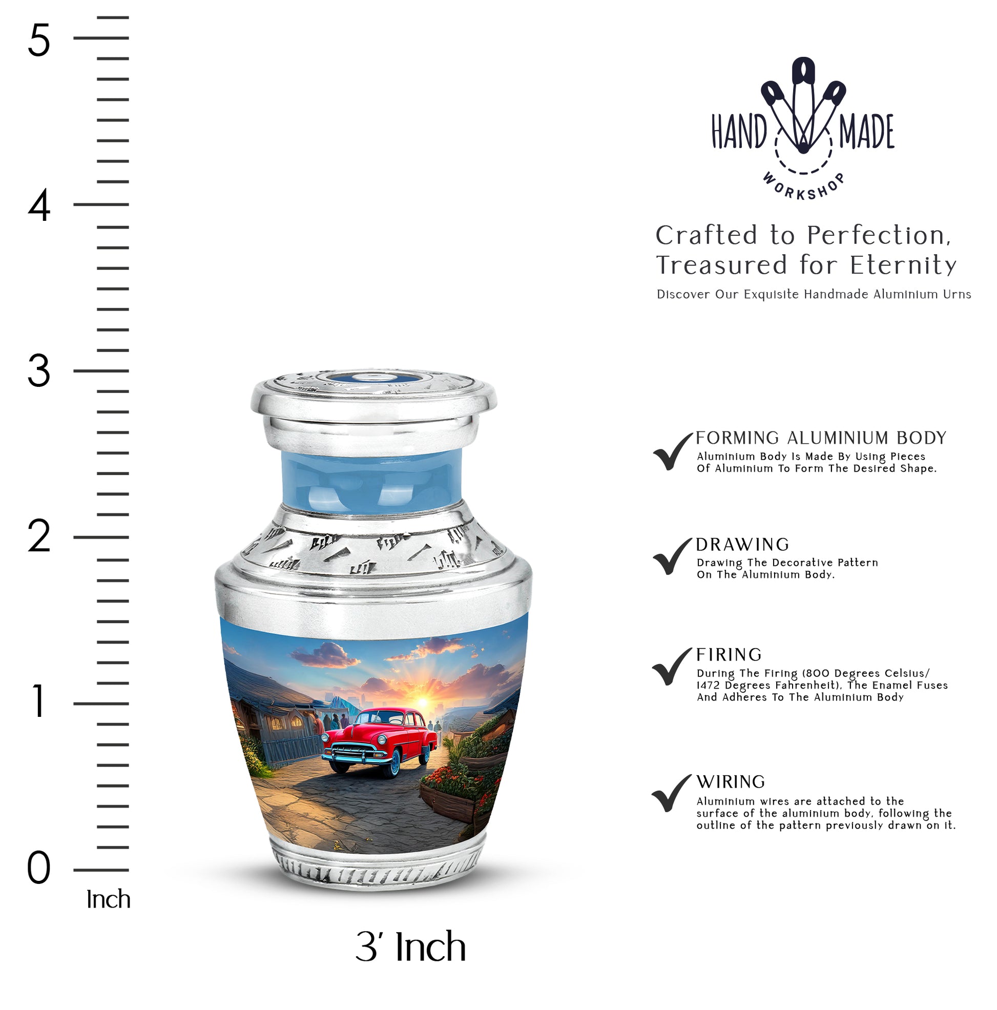 Azure Car Cremation Urn top-down view of secure threaded lid - contemporary car design with modern artistic flair - mini keepsake memorial for portion of cremation ashes
