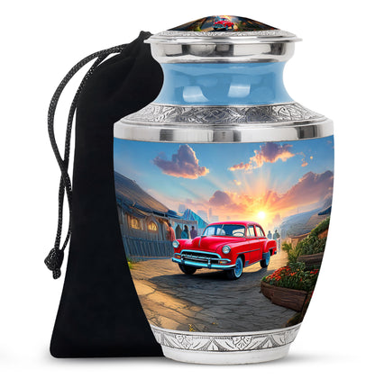 Steel Blue Car Cremation Urn side profile showing urn shape - artistic car interpretation with creative detail - full-size 10 inch 200 cubic inch adult cremation urn