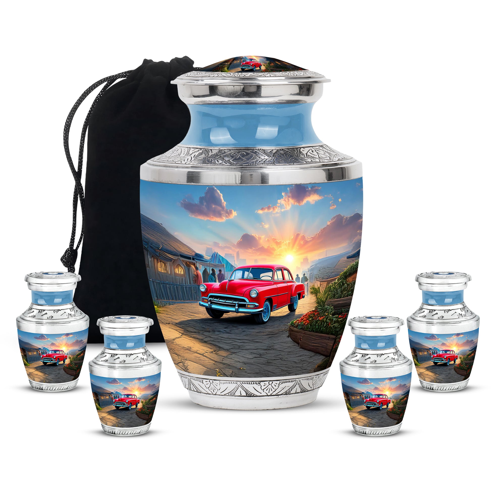 Indigo Car Cremation Urn lifestyle display on memorial shelf - modern art-inspired car motif on sleek aluminum - memorial set with one large and four small urns