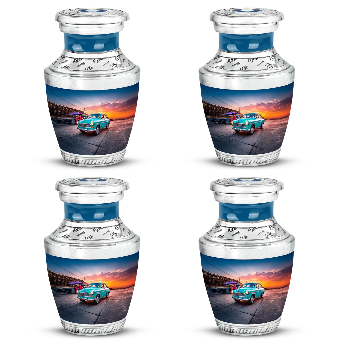 Vivid Blue Car Cremation Urn back view with polished surface - stylized abstract car pattern with bold lines - 10 inch aluminum urn for cremated remains