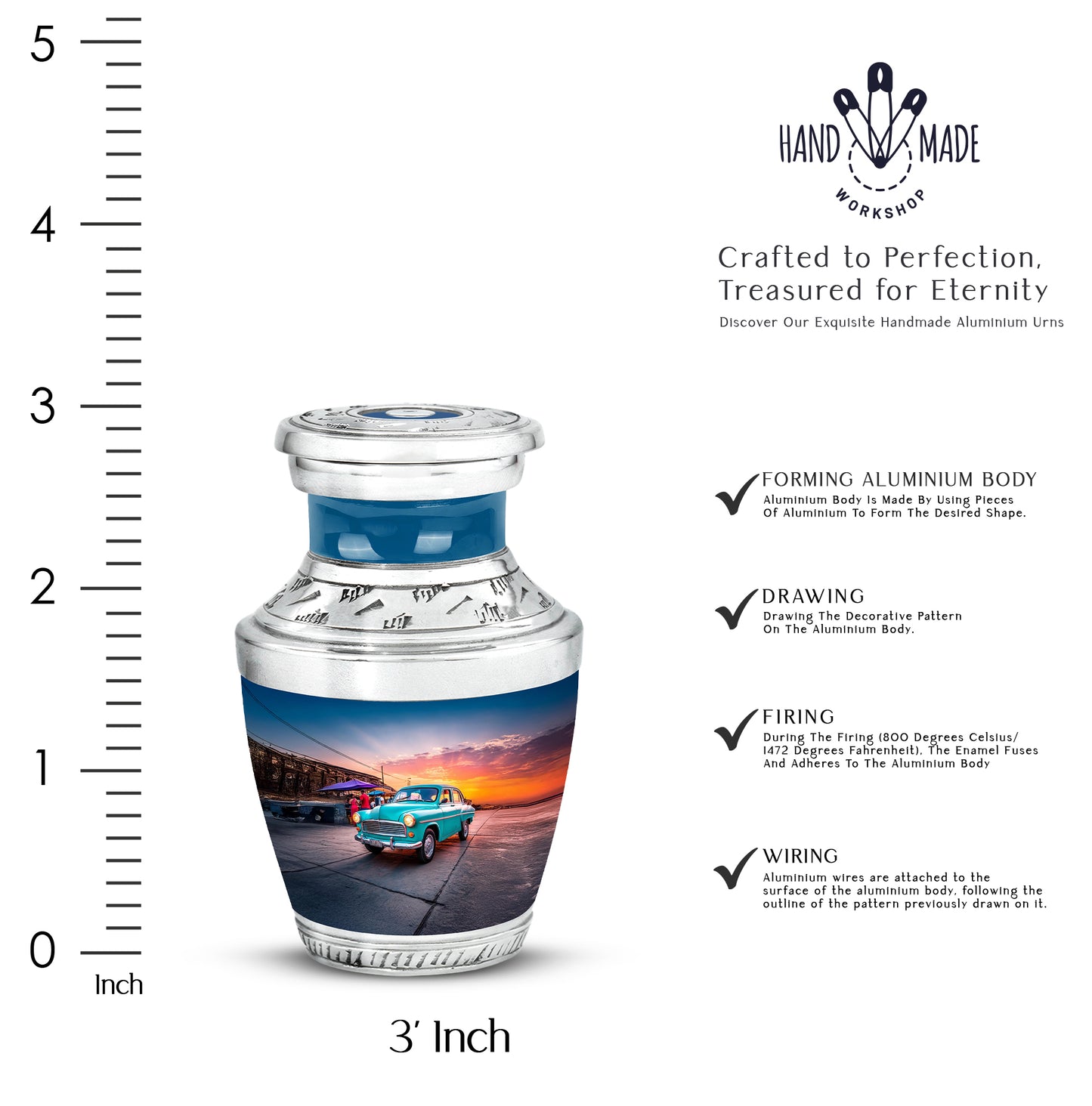 Celestial Blue Car Cremation Urn top-down view of secure threaded lid - modern art-inspired car motif on sleek aluminum - mini keepsake memorial for portion of cremation ashes