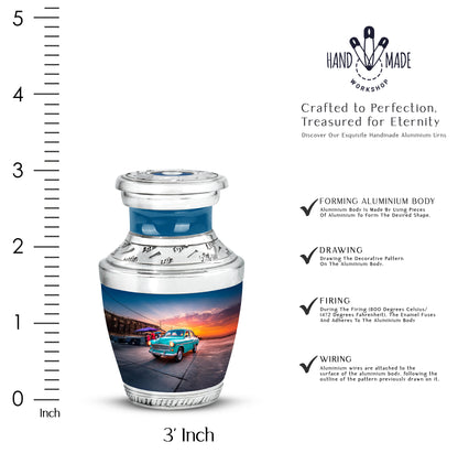 Celestial Blue Car Cremation Urn top-down view of secure threaded lid - modern art-inspired car motif on sleek aluminum - mini keepsake memorial for portion of cremation ashes