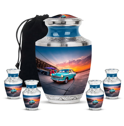 Cobalt Blue Car Cremation Urn lifestyle display on memorial shelf - artistic car interpretation with creative detail - memorial set with one large and four small urns