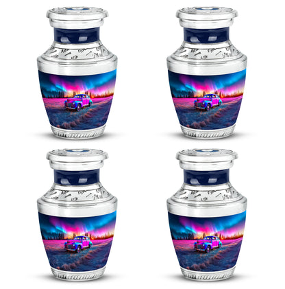 Powder Blue Car Cremation Urn back view with polished surface - modern art-inspired car motif on sleek aluminum - 10 inch aluminum urn for cremated remains