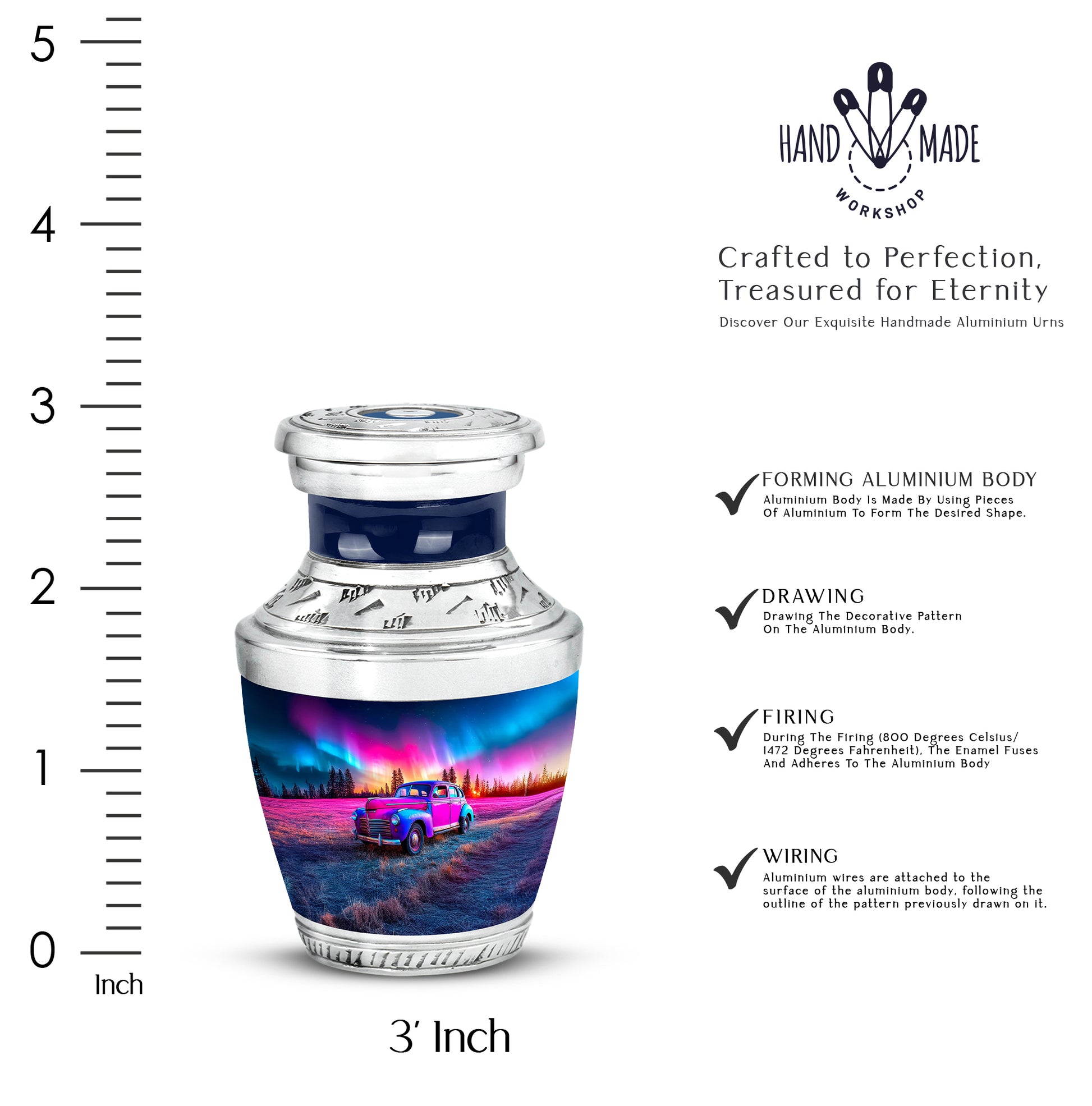 Royal Blue Car Cremation Urn top-down view of secure threaded lid - artistic car interpretation with creative detail - mini keepsake memorial for portion of cremation ashes