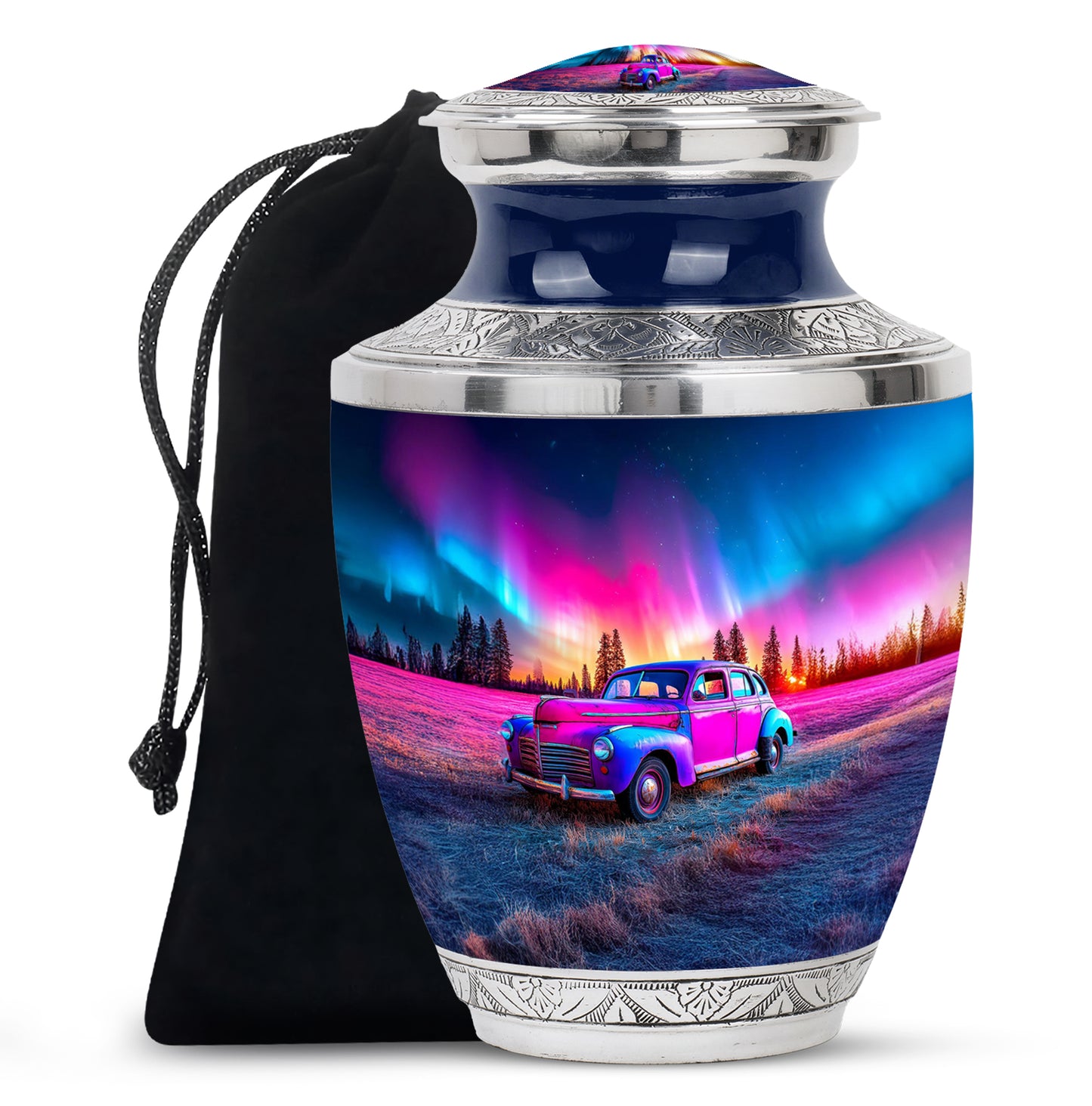 Icy Blue Car Cremation Urn side profile showing urn shape - contemporary car design with modern artistic flair - full-size 10 inch 200 cubic inch adult cremation urn