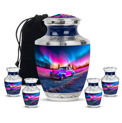Bright Blue Car Cremation Urn lifestyle display on memorial shelf - stylized abstract car pattern with bold lines - memorial set with one large and four small urns