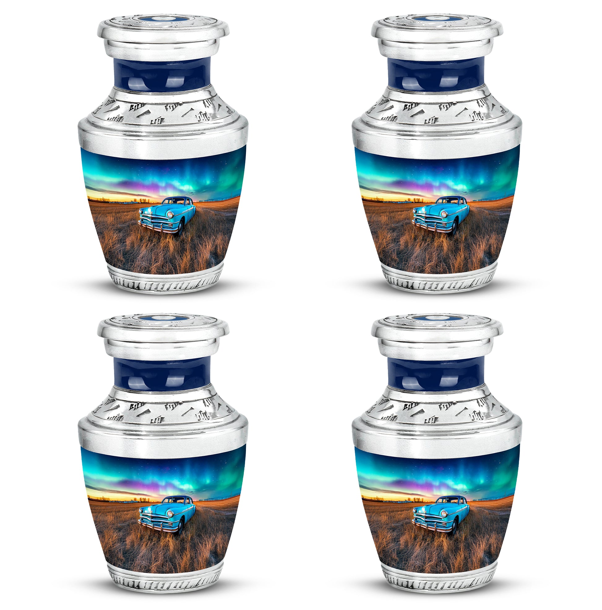 Sapphire Blue Car Cremation Urn back view with polished surface - artistic car interpretation with creative detail - 10 inch aluminum urn for cremated remains