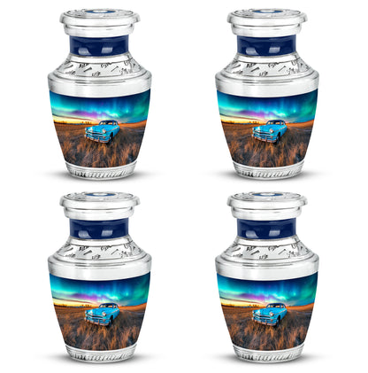 Sapphire Blue Car Cremation Urn back view with polished surface - artistic car interpretation with creative detail - 10 inch aluminum urn for cremated remains