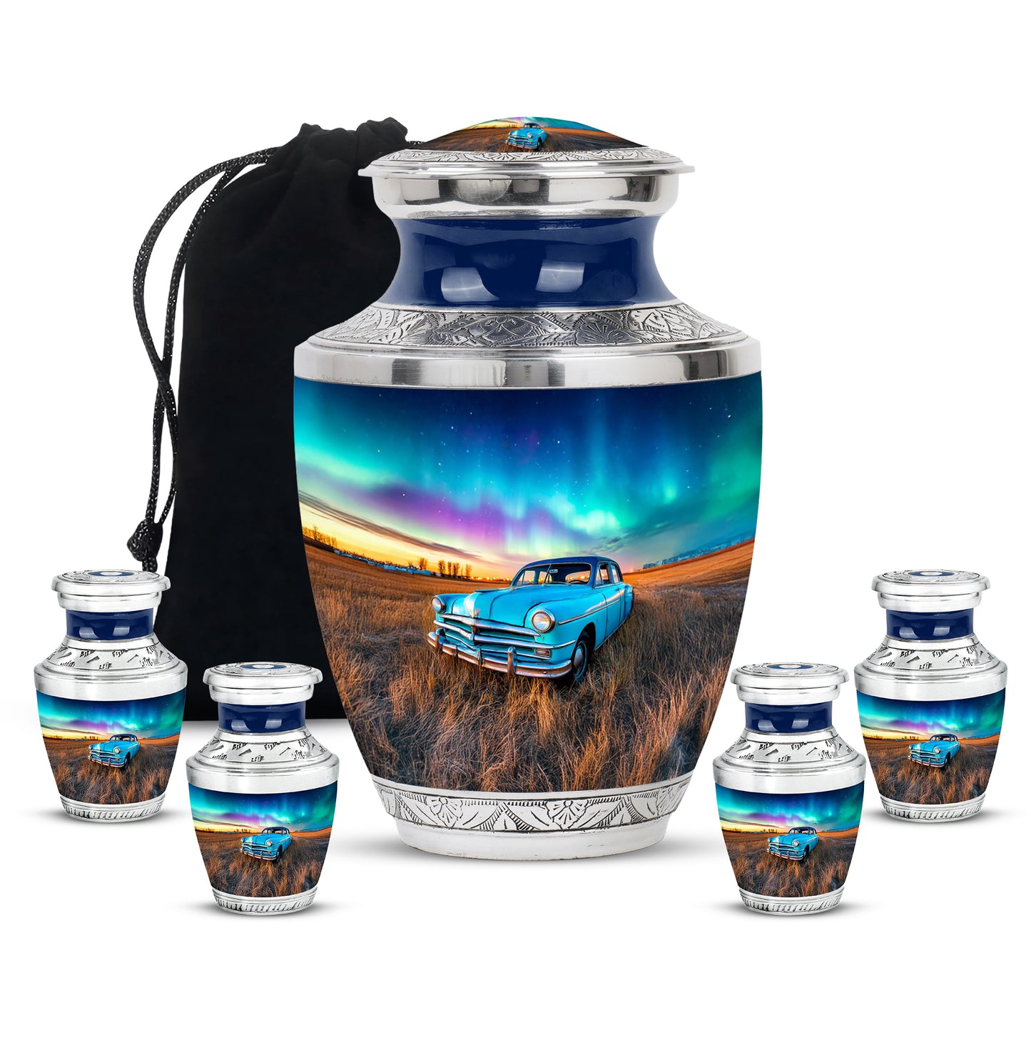 Bright Blue Car Cremation Urn lifestyle display on memorial shelf - artistic car interpretation with creative detail - memorial set with one large and four small urns