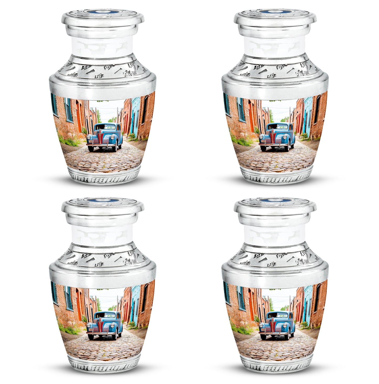 Sterling Silver Car Cremation Urn back view with polished surface - modern art-inspired car motif on sleek aluminum - 10 inch aluminum urn for cremated remains
